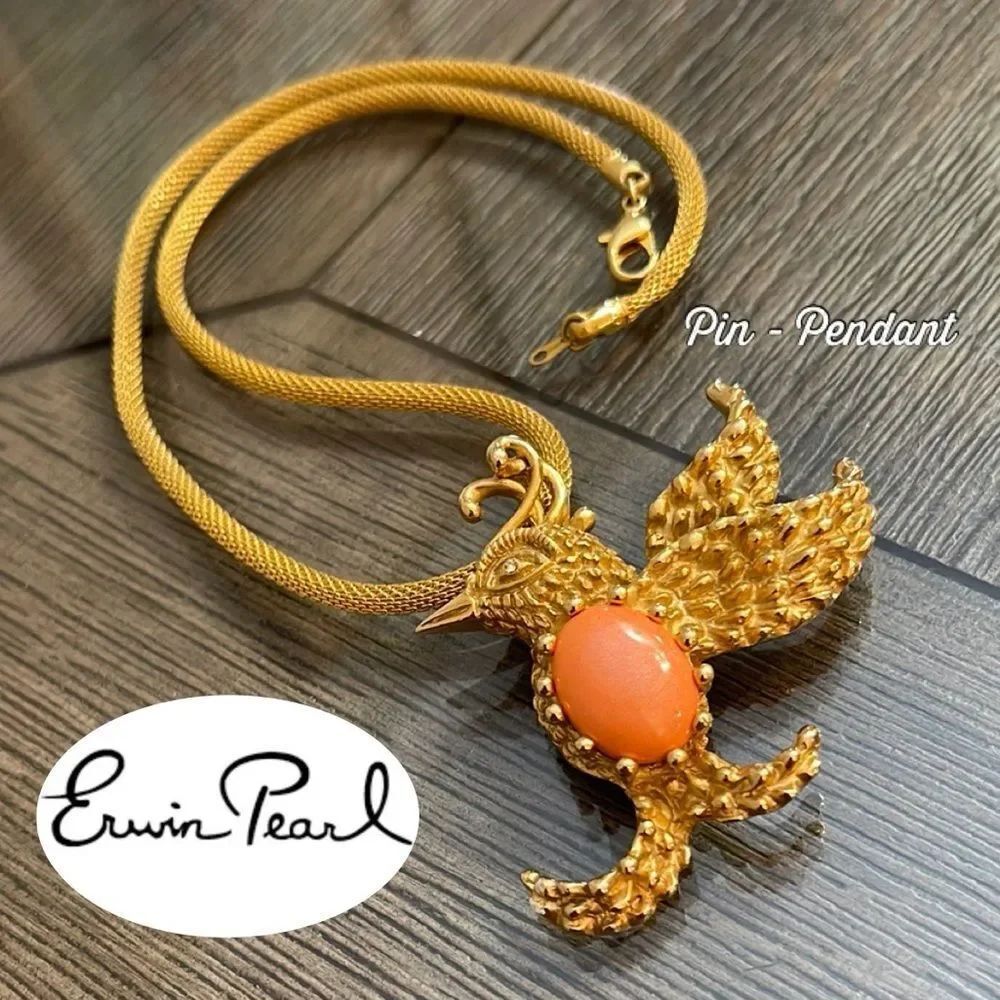 Erwin Pearl Gold Plate Orange Belly Bird Vintage Figural Brooch & Chain